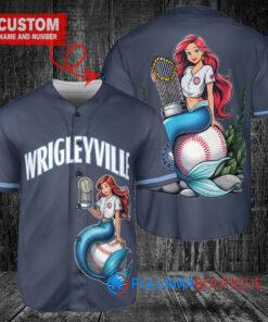 Chicago Cubs x Ariel Mermaid with Trophy Custom Baseball Jersey Navy