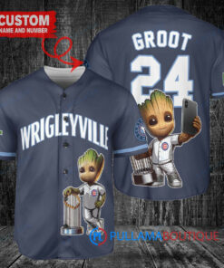 Chicago Cubs x Baby Groot Marvel Guardians Of The Galaxy with Trophy Custom Baseball Jersey Navy