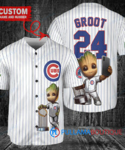 Chicago Cubs x Baby Groot Marvel Guardians Of The Galaxy with Trophy Custom Baseball Jersey White