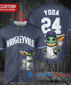 Chicago Cubs x Baby Yoda Star Wars The Mandalorian with Trophy Custom Baseball Jersey Navy