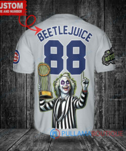 Chicago Cubs x Beetlejuice Halloween with World Series Trophy Custom Baseball Jersey Gray