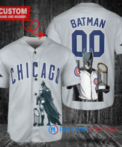 Chicago Cubs x DC Comics Batman The Dark Knight with Trophy Custom Baseball Jersey Gray