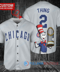 Chicago Cubs x Dr Seuss with World Series Trophy Custom Baseball Jersey Gray