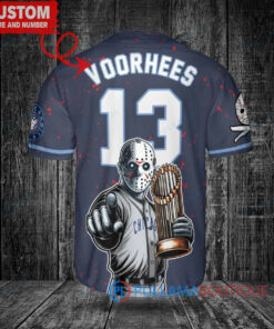 Chicago Cubs x Friday the 13th Jason Voorhees Halloween with World Series Trophy Custom Baseball Jersey Navy