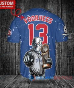 Chicago Cubs x Friday the 13th Jason Voorhees Halloween with World Series Trophy Custom Baseball Jersey Royal