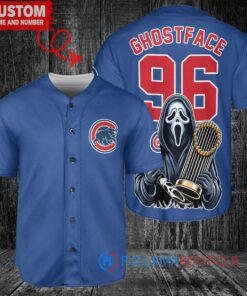 Chicago Cubs x Ghostface Scream Halloween Halloween with World Series Trophy Custom Baseball Jersey Royal