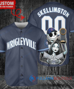 Chicago Cubs x Jack Skellington and Sally The Nightmare Before Christmas with World Series Trophy Custom Baseball Jersey Navy