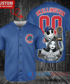 Chicago Cubs x Jack Skellington and Sally The Nightmare Before Christmas with World Series Trophy Custom Baseball Jersey Royal