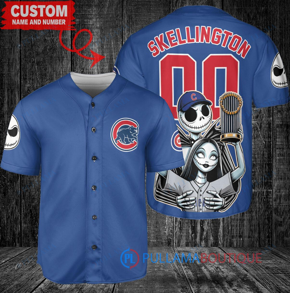 Chicago Cubs Jack Skellington Sally World Series Trophy Baseball Jersey Gray