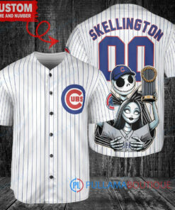 Chicago Cubs x Jack Skellington and Sally The Nightmare Before Christmas with World Series Trophy Custom Baseball Jersey White