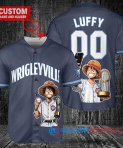 Chicago Cubs x Luffy One Piece with Trophy Custom Baseball Jersey Navy