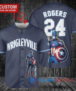 Chicago Cubs x Marvel Captain America Steve Rogers with Trophy Custom Baseball Jersey Navy