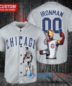 Chicago Cubs x Marvel Iron Man Tony Stark with Trophy Custom Baseball Jersey Gray