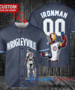 Chicago Cubs x Marvel Iron Man Tony Stark with Trophy Custom Baseball Jersey Navy