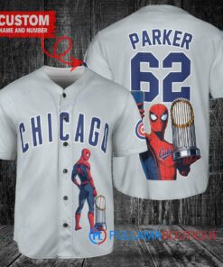 Chicago Cubs x Marvel Spiderman with Trophy Custom Baseball Jersey Gray