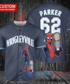 Chicago Cubs x Marvel Spiderman with Trophy Custom Baseball Jersey Navy