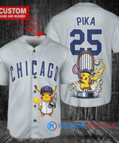 Chicago Cubs x Pikachu Pokemon with Trophy Custom Baseball Jersey Gray