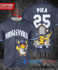 Chicago Cubs x Pikachu Pokemon with Trophy Custom Baseball Jersey Navy