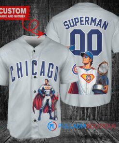 Chicago Cubs x Superman DC Comics with Trophy Custom Baseball Jersey Gray