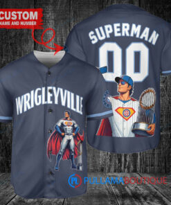 Chicago Cubs x Superman DC Comics with Trophy Custom Baseball Jersey Navy