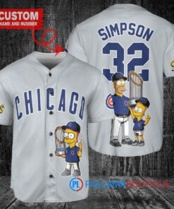 Chicago Cubs x The Simpsons Bart Simpson, Homer Simpson, Lisa Simpson with Trophy Custom Baseball Jersey Gray