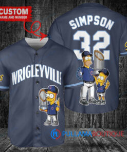 Chicago Cubs x The Simpsons Bart Simpson, Homer Simpson, Lisa Simpson with Trophy Custom Baseball Jersey Navy