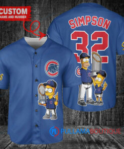 Chicago Cubs x The Simpsons Bart Simpson, Homer Simpson, Lisa Simpson with Trophy Custom Baseball Jersey Royal