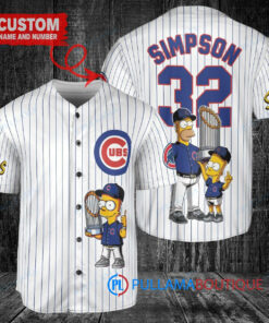 Chicago Cubs x The Simpsons Bart Simpson, Homer Simpson, Lisa Simpson with Trophy Custom Baseball Jersey White