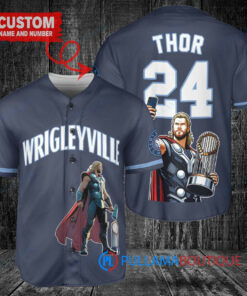 Chicago Cubs x Thor Marvel with Trophy Custom Baseball Jersey Navy