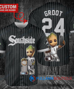 Chicago White Sox x Baby Groot Marvel Guardians Of The Galaxy with Trophy Custom Baseball Jersey Black City Connect