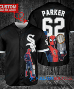 Chicago White Sox x Marvel Spiderman with Trophy Custom Baseball Jersey Black