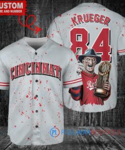 Cincinnati Reds Freddy Krueger Halloween World Series Trophy Baseball Jersey Gray