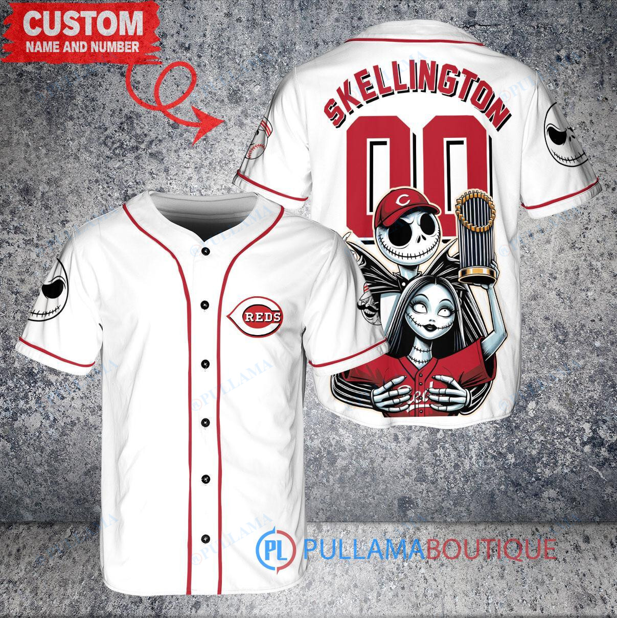 Chicago Cubs x Jack Skellington and Sally The Nightmare Before Christmas with World Series Trophy Custom Baseball Jersey Royal