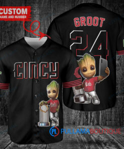 Cincinnati Reds x Baby Groot Marvel Guardians Of The Galaxy with Trophy Custom Baseball Jersey Black 2023 City Connect