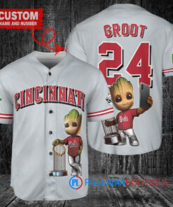 Cincinnati Reds x Baby Groot Marvel Guardians Of The Galaxy with Trophy Custom Baseball Jersey Gray