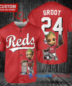 Cincinnati Reds x Baby Groot Marvel Guardians Of The Galaxy with Trophy Custom Baseball Jersey Red