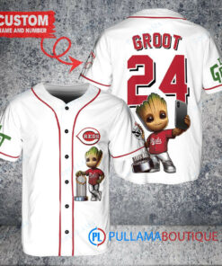 Cincinnati Reds x Baby Groot Marvel Guardians Of The Galaxy with Trophy Custom Baseball Jersey White