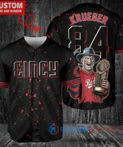 Cincinnati Reds x Freddy Krueger A Nightmare on Elm Street Halloween with World Series Trophy Custom Baseball Jersey Black 2023 City Connect