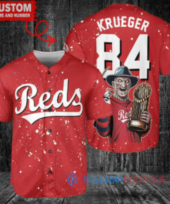 Cincinnati Reds x Freddy Krueger A Nightmare on Elm Street Halloween with World Series Trophy Custom Baseball Jersey Red