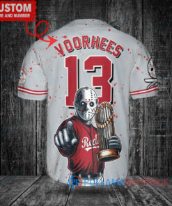 Cincinnati Reds x Friday the 13th Jason Voorhees Halloween with World Series Trophy Custom Baseball Jersey Gray