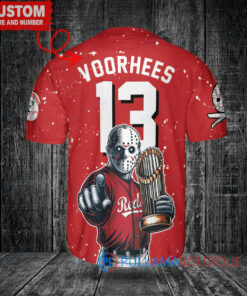 Cincinnati Reds x Friday the 13th Jason Voorhees Halloween with World Series Trophy Custom Baseball Jersey Red