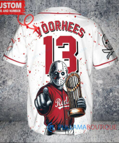 Cincinnati Reds x Friday the 13th Jason Voorhees Halloween with World Series Trophy Custom Baseball Jersey White