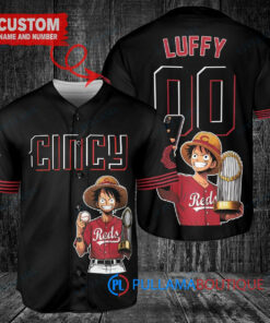 Cincinnati Reds x Luffy One Piece with Trophy Custom Baseball Jersey Black 2023 City Connect