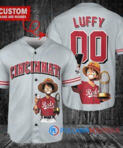 Cincinnati Reds x Luffy One Piece with Trophy Custom Baseball Jersey Gray