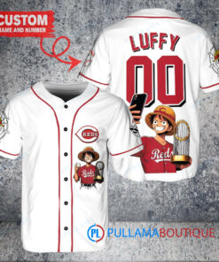 Cincinnati Reds x Luffy One Piece with Trophy Custom Baseball Jersey White