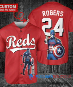 Cincinnati Reds x Marvel Captain America Steve Rogers with Trophy Custom Baseball Jersey Red