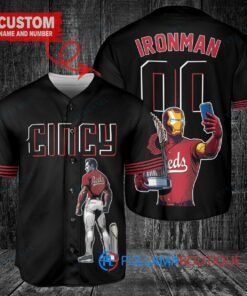 Cincinnati Reds x Marvel Iron Man Tony Stark with Trophy Custom Baseball Jersey Black 2023 City Connect