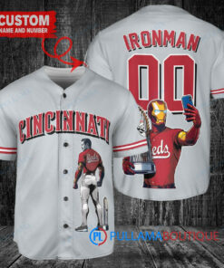 Cincinnati Reds x Marvel Iron Man Tony Stark with Trophy Custom Baseball Jersey Gray