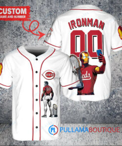 Cincinnati Reds x Marvel Iron Man Tony Stark with Trophy Custom Baseball Jersey White