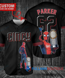 Cincinnati Reds x Marvel Spiderman with Trophy Custom Baseball Jersey Black 2023 City Connect